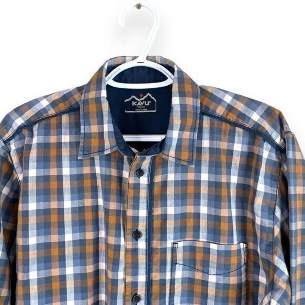 Kavu Button Up Shirt Mens M Blue Brown Check Long Sleeve Cotton